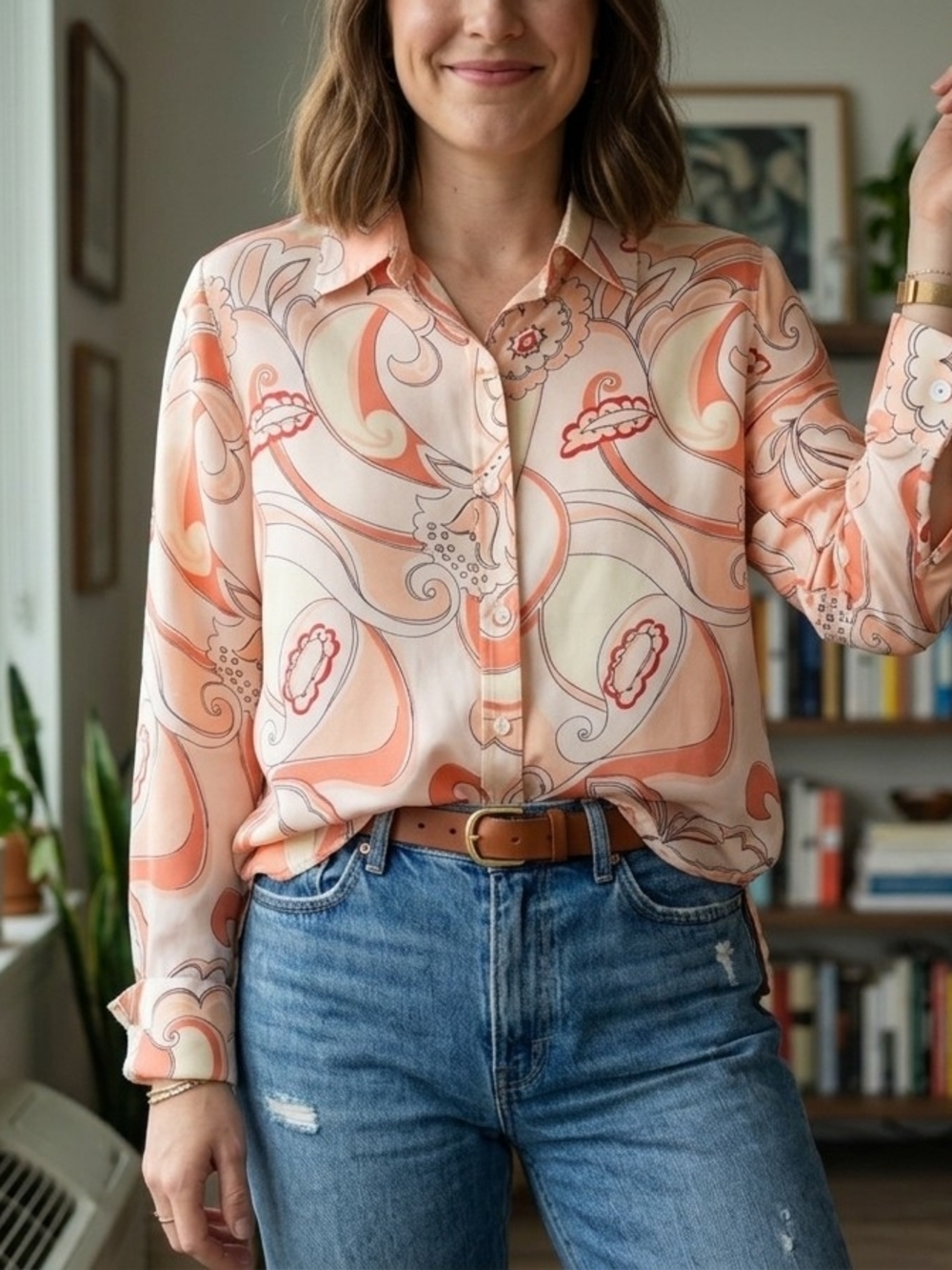 Studio JPR Vintage 1990s Pure Silk Blouse Peach Coral Paisley - Picture 4 of 10